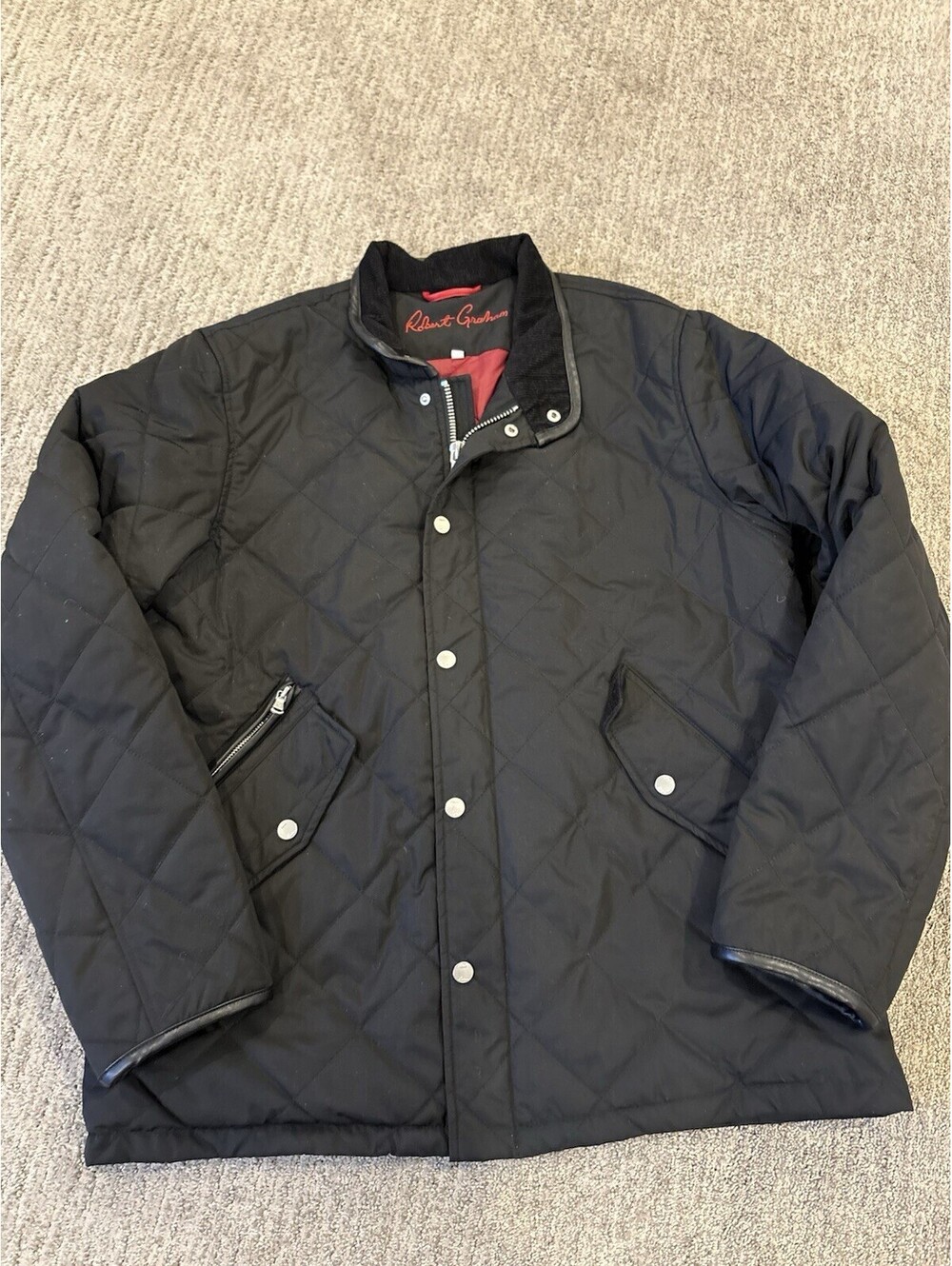 Robert Graham Diamond Quilted Jacket Mens Sz Large Black Snap Zip Up Front
